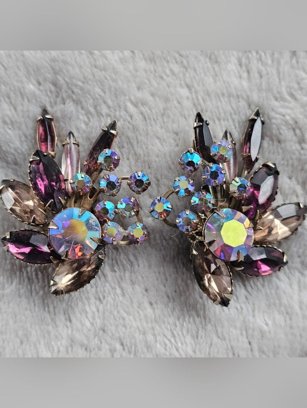 Vintage Mid Century Multi Color Rhinestone Clip On Earrings